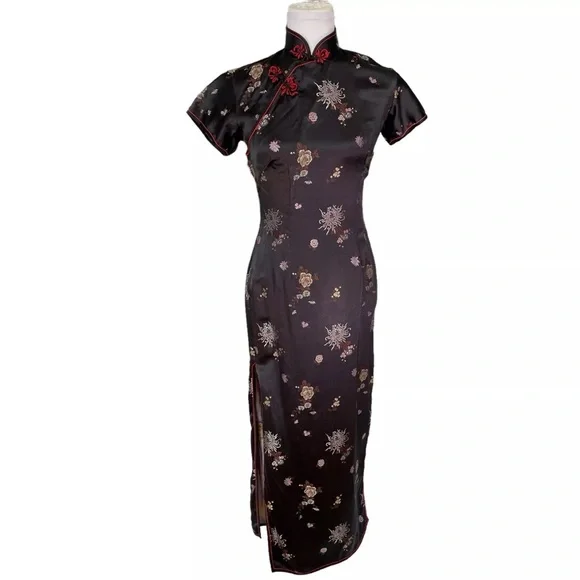 Vintage 90s SOLZ Squirrel Black Floral Satin Cheongsam Maxi Dress Size 34 Small